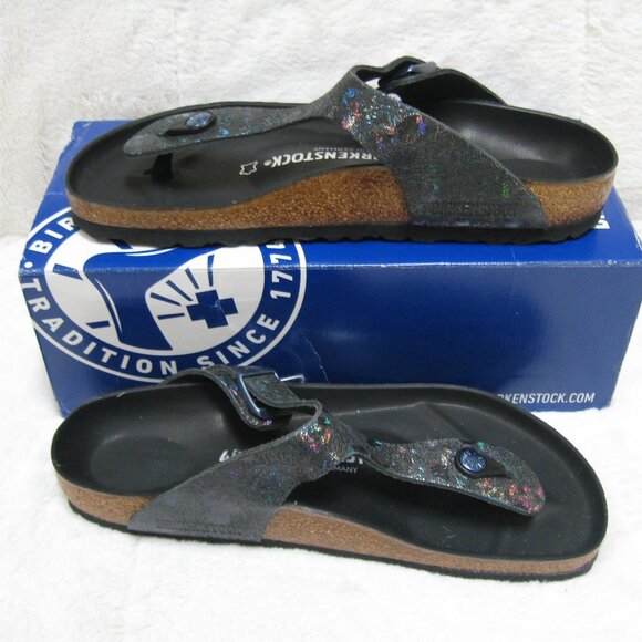 Birkenstock Exquisite GIZEH LUX Spotted Metallic Black Leather 40 R US W 9 M 7 - Picture 5 of 13